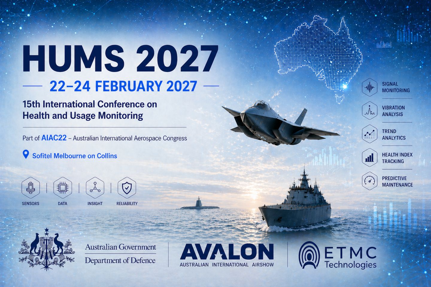 HUMS2027 conference banner, 22–24 February 2027, Melbourne